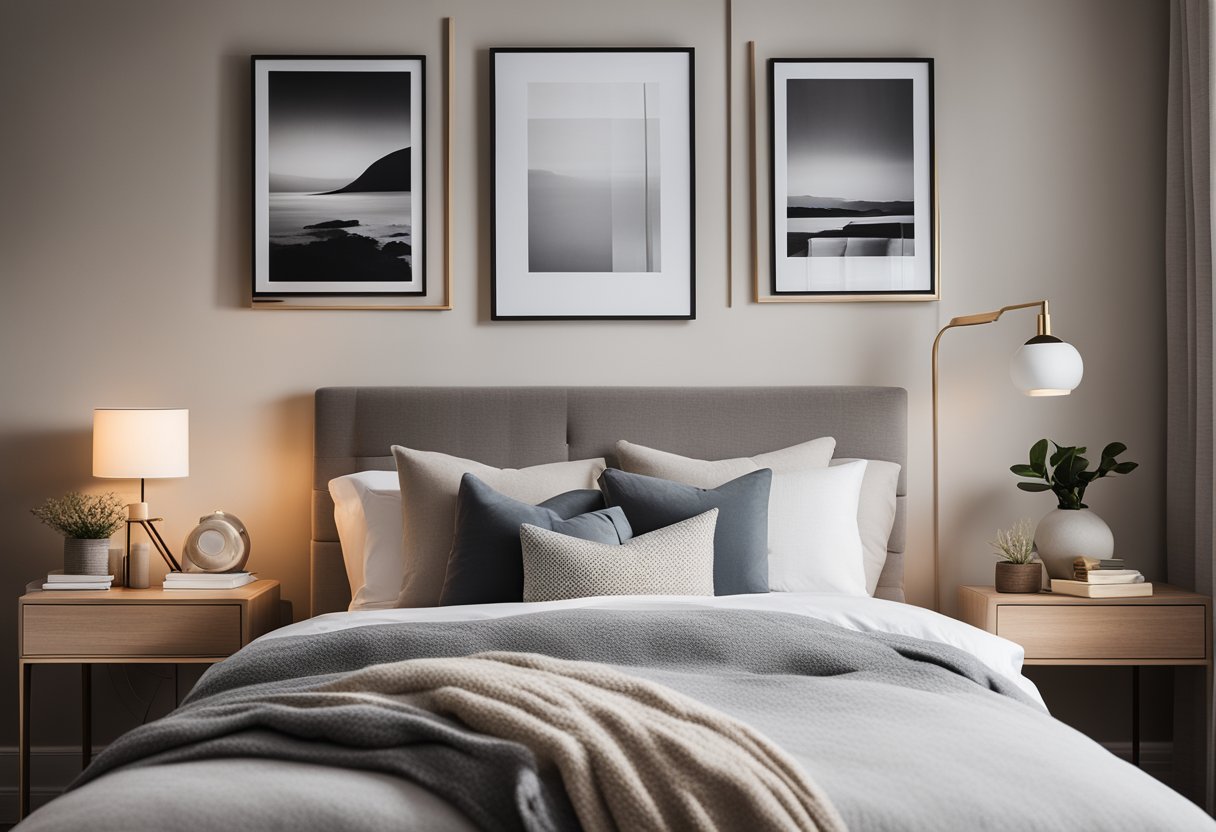 A cozy bedroom with soft, neutral tones, a plush bed with layered pillows, a sleek nightstand with a reading lamp, and a gallery wall of framed artwork for inspiration