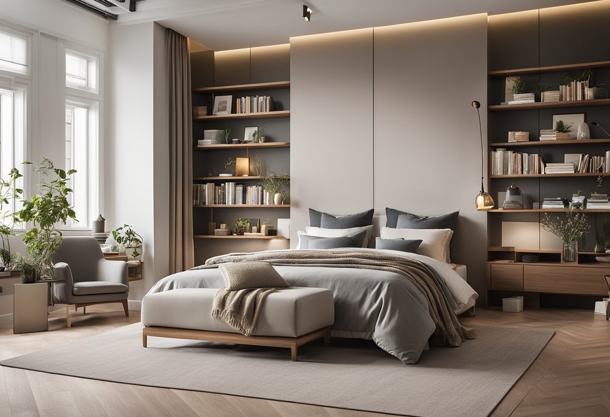 A spacious bedroom with a large, comfortable bed positioned against a feature wall. A cozy reading nook with a plush armchair and floor-to-ceiling bookshelves. Soft, ambient lighting and a calming color palette create a serene atmosphere