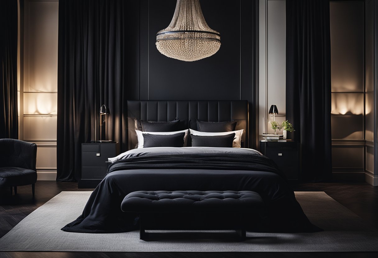 A dark bedroom with heavy curtains, a black bed, and minimal lighting