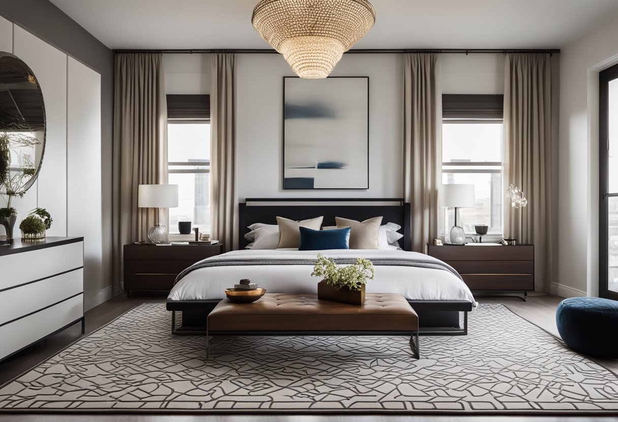 A sleek, modern bedroom with a platform bed, geometric patterned rug, and a statement chandelier. White walls contrast with dark wood furniture and metallic accents