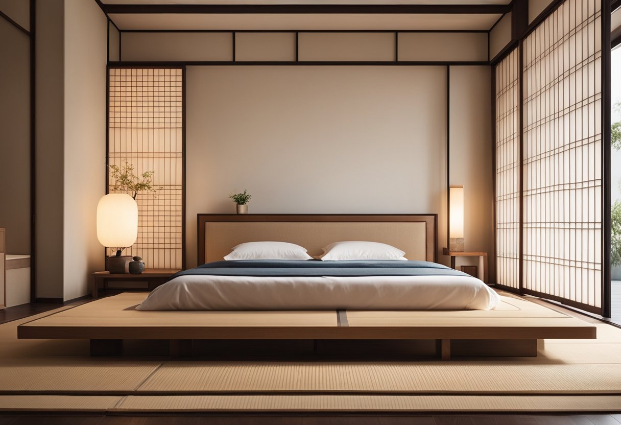 A low, wooden platform bed with tatami mat flooring. Sliding shoji screens, paper lanterns, and minimal furniture. Subtle, natural color palette