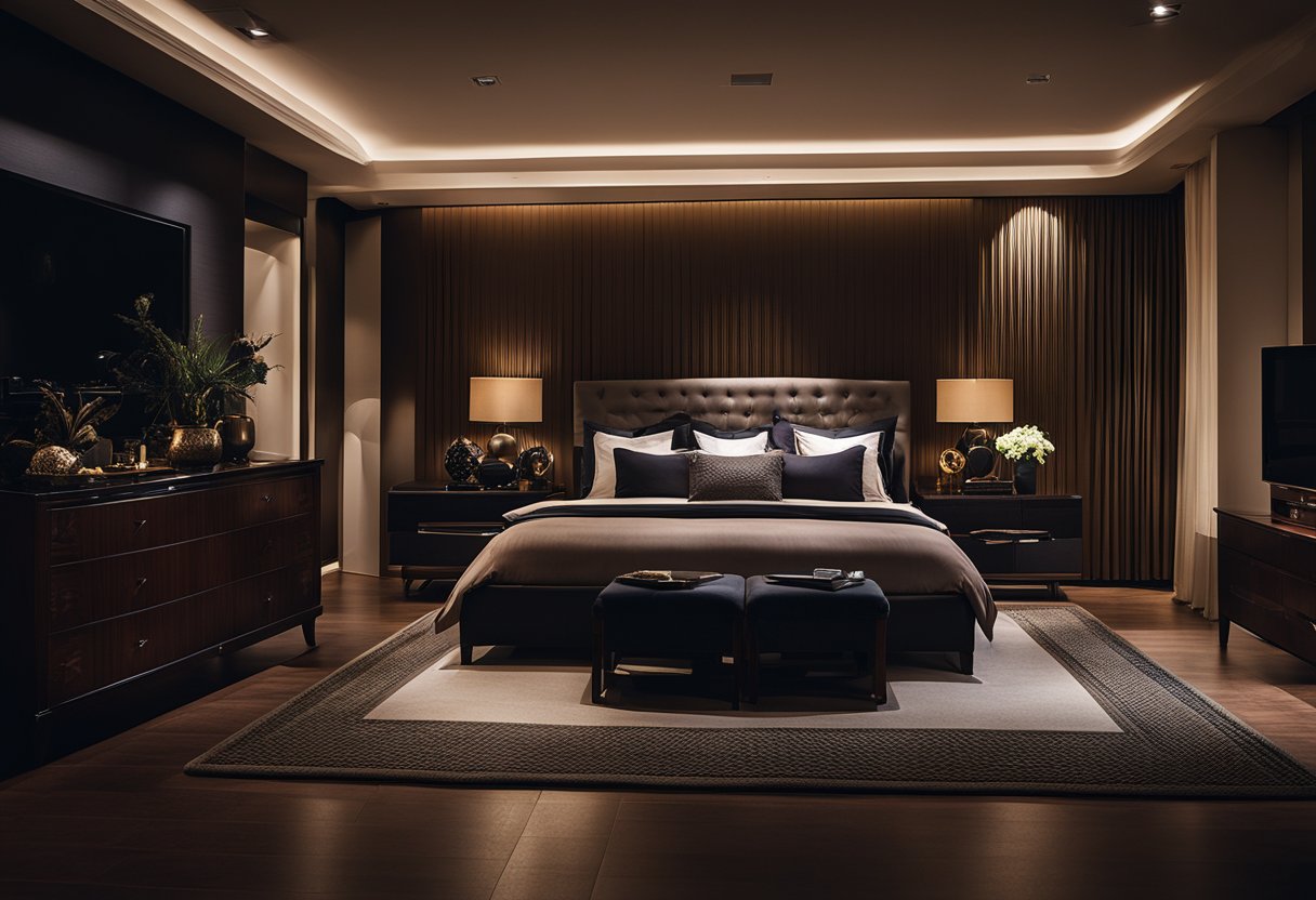 A dimly lit bedroom with deep, rich colors and dramatic shadows. The furniture and decor exude a sense of mystery and intrigue