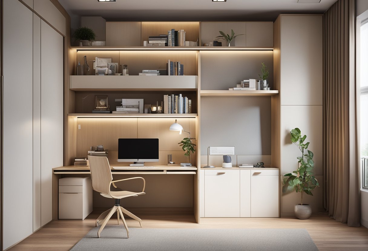 A small bedroom with a smart study table design maximizing space, featuring built-in shelves, foldable desk, and hidden storage compartments