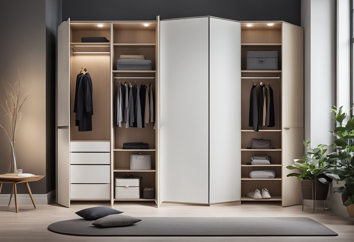 An L-shaped wardrobe fills the corner of a spacious bedroom, with sleek, modern design and ample storage space