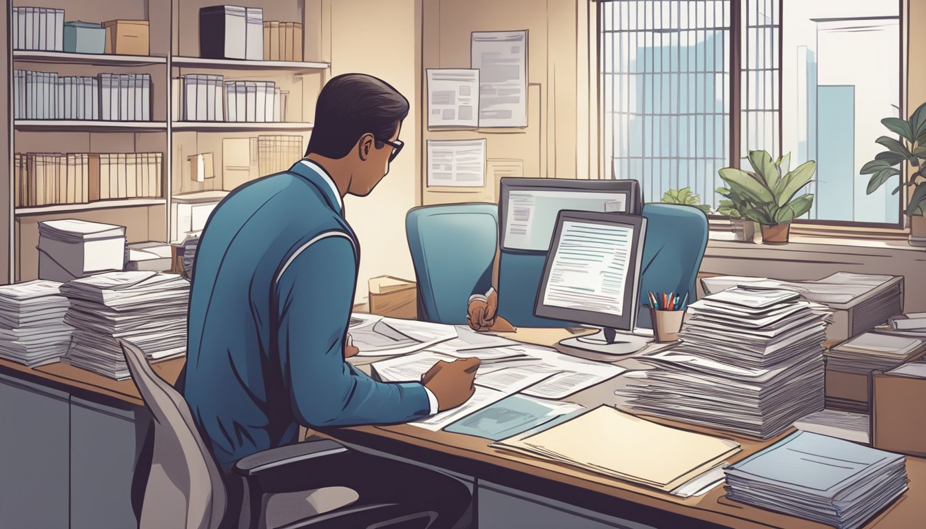 A bustling office with a loan officer assisting a small business owner, while financial documents and charts are spread out on the desk