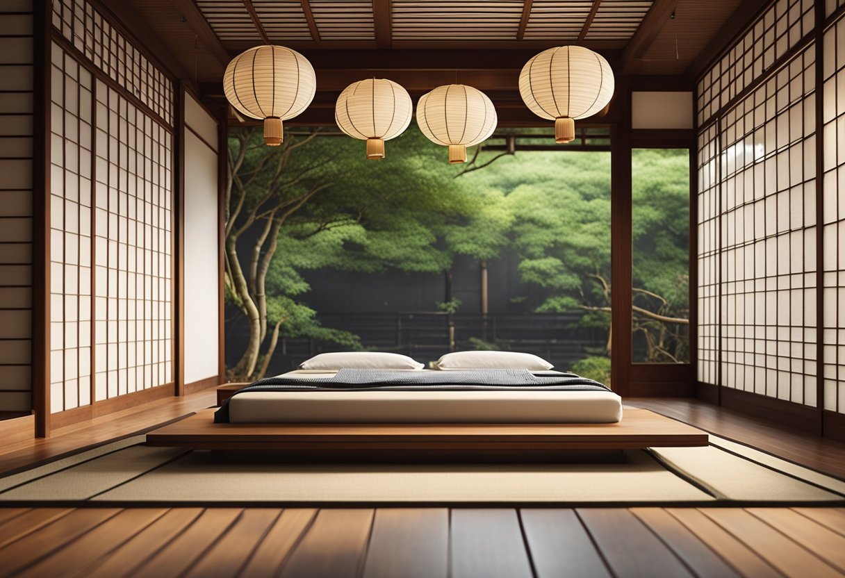A low, wooden platform bed sits in the center of the room, surrounded by shoji screens and paper lanterns. Bamboo flooring and minimalist decor complete the serene Japanese master bedroom design