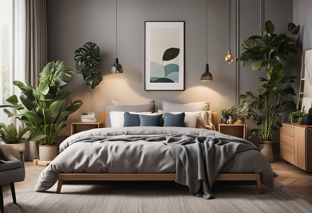 A cozy bedroom with a stylish layout, featuring a comfortable bed, nightstands, a dresser, and decorative elements like artwork and plants