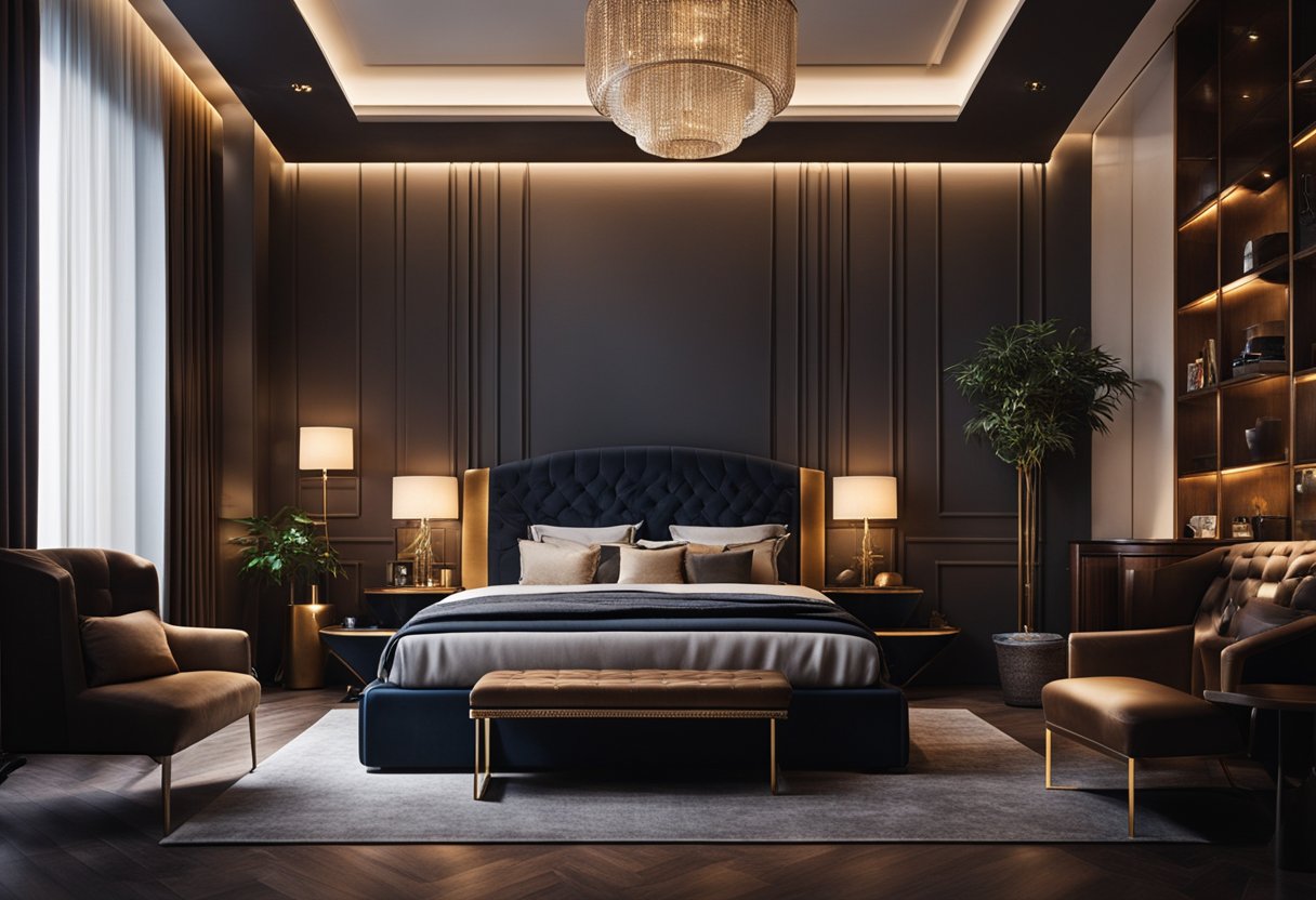 A dimly lit bedroom with rich, deep colors, plush textures, and warm lighting exudes a luxurious and cozy ambience