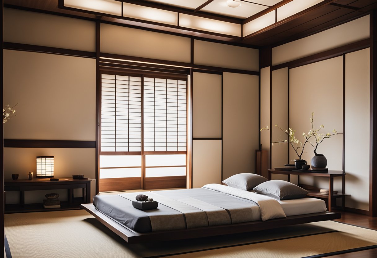 A serene Japanese master bedroom with minimal furniture, tatami flooring, sliding shoji screens, and a low platform bed with neutral bedding. Traditional decor includes bonsai trees, paper lanterns, and calligraphy artwork