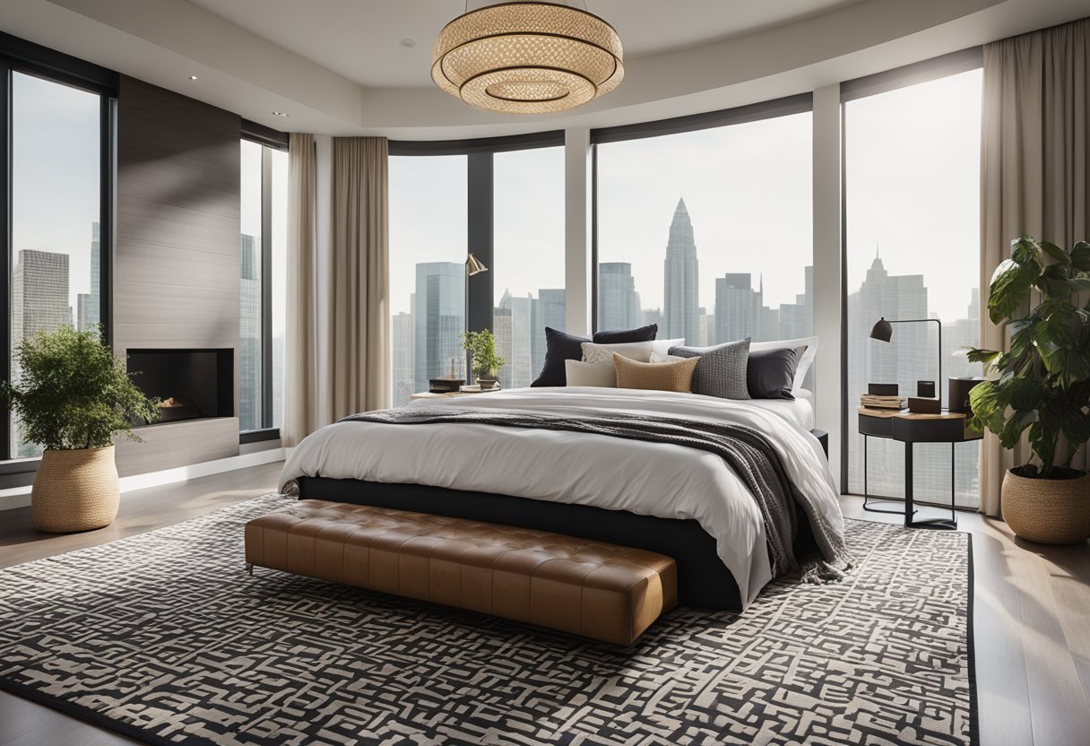 A modern bedroom with a sleek platform bed, geometric patterned rug, and minimalist nightstands. A large window lets in natural light, and a statement chandelier hangs from the ceiling