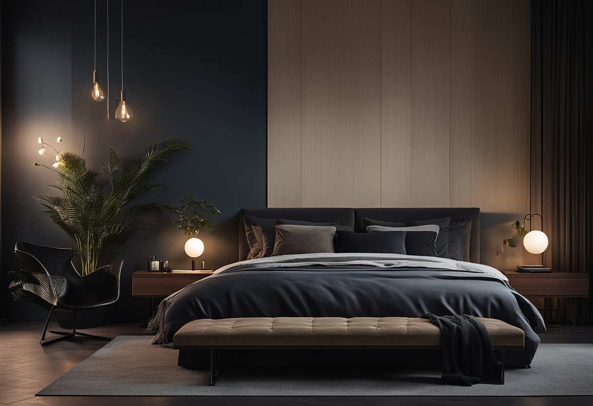 A dimly lit bedroom with modern, minimalist furniture and dark, moody color palette. Textured walls and soft lighting create a cozy yet mysterious atmosphere