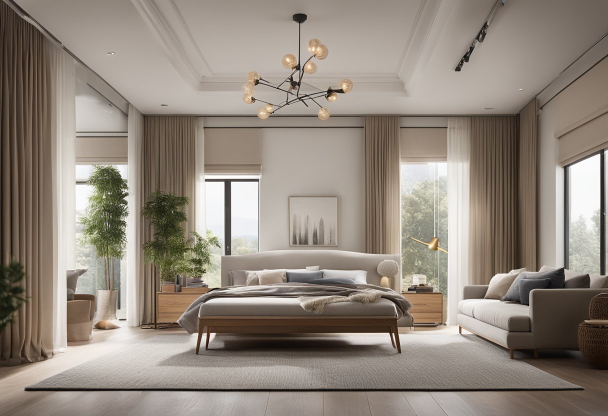 A spacious bedroom with a high ceiling, large windows, and a cozy seating area. The room features a neutral color palette with pops of color in the decor and a mix of modern and traditional furniture