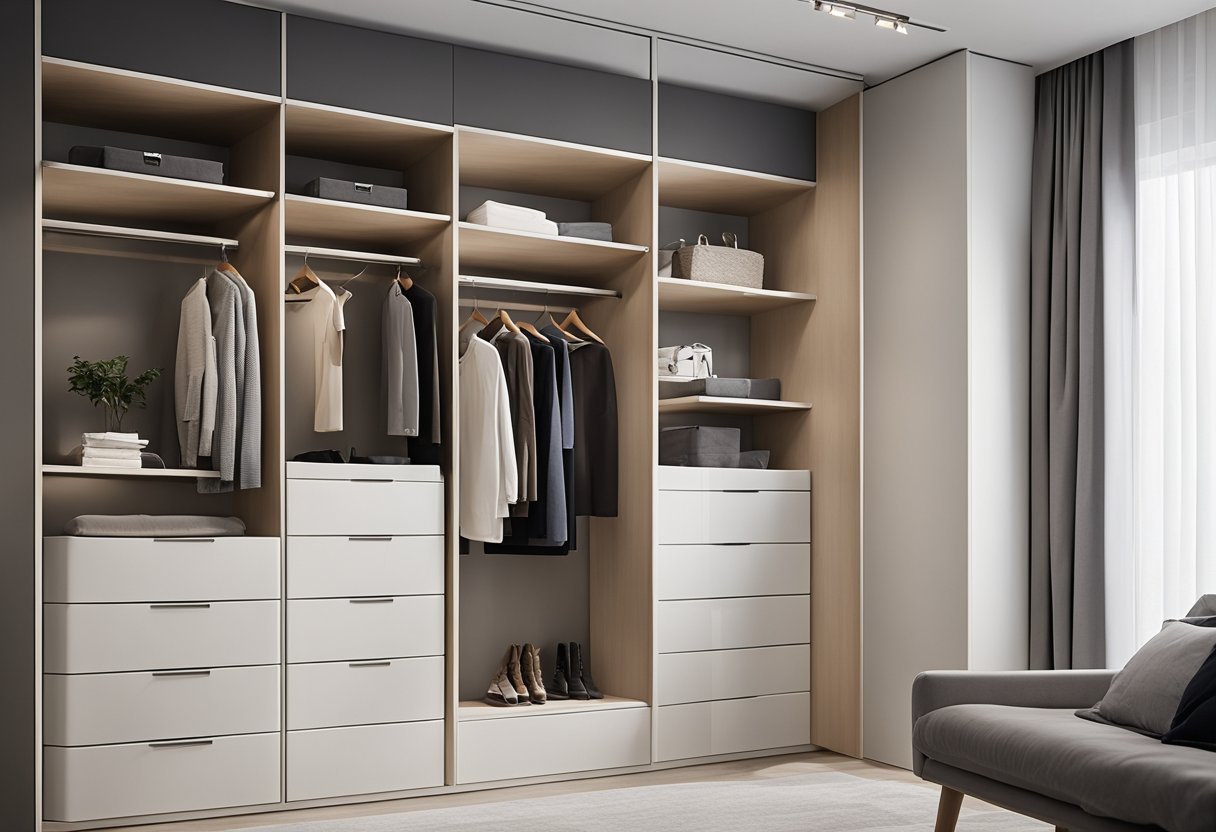 A spacious L-shaped wardrobe with sleek, modern design, featuring multiple shelves, drawers, and hanging space, set against a clean, minimalist bedroom backdrop