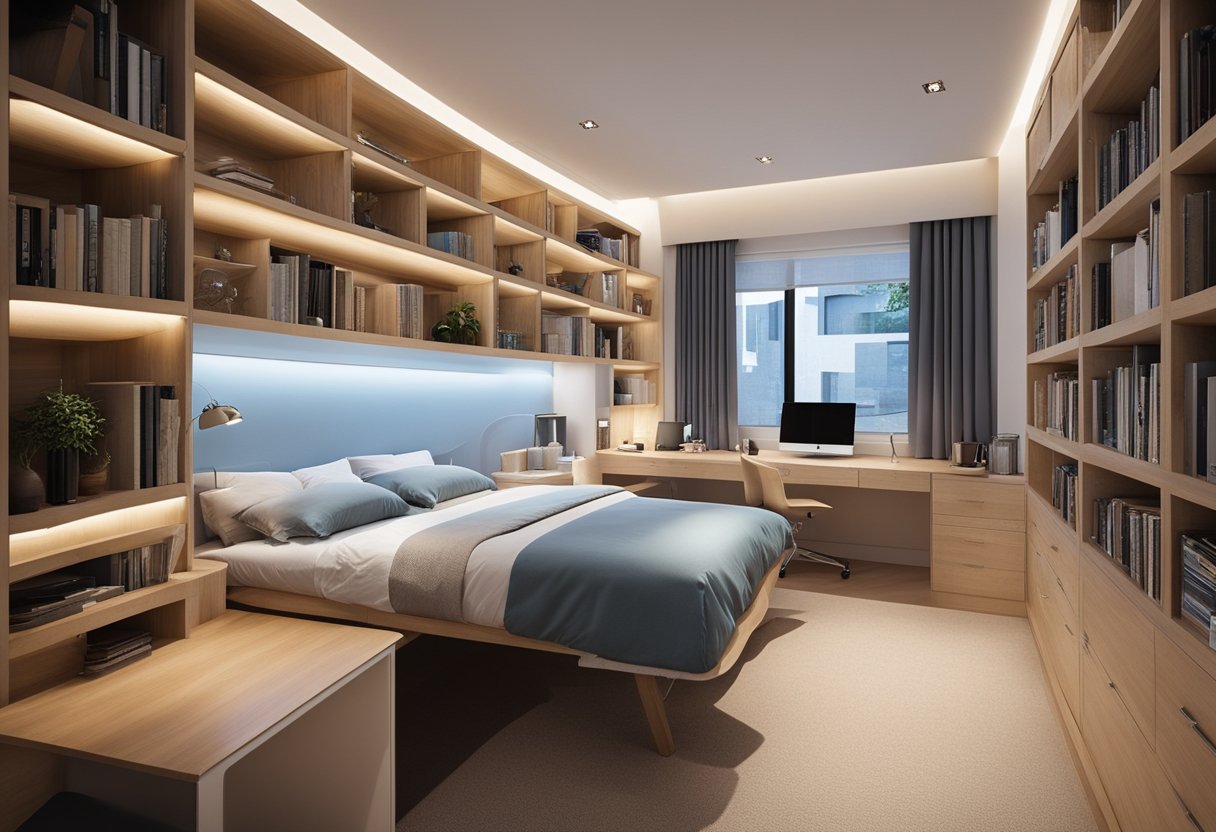 A long bedroom with built-in storage under a raised bed, shelves along the walls, and a fold-down desk maximizing space