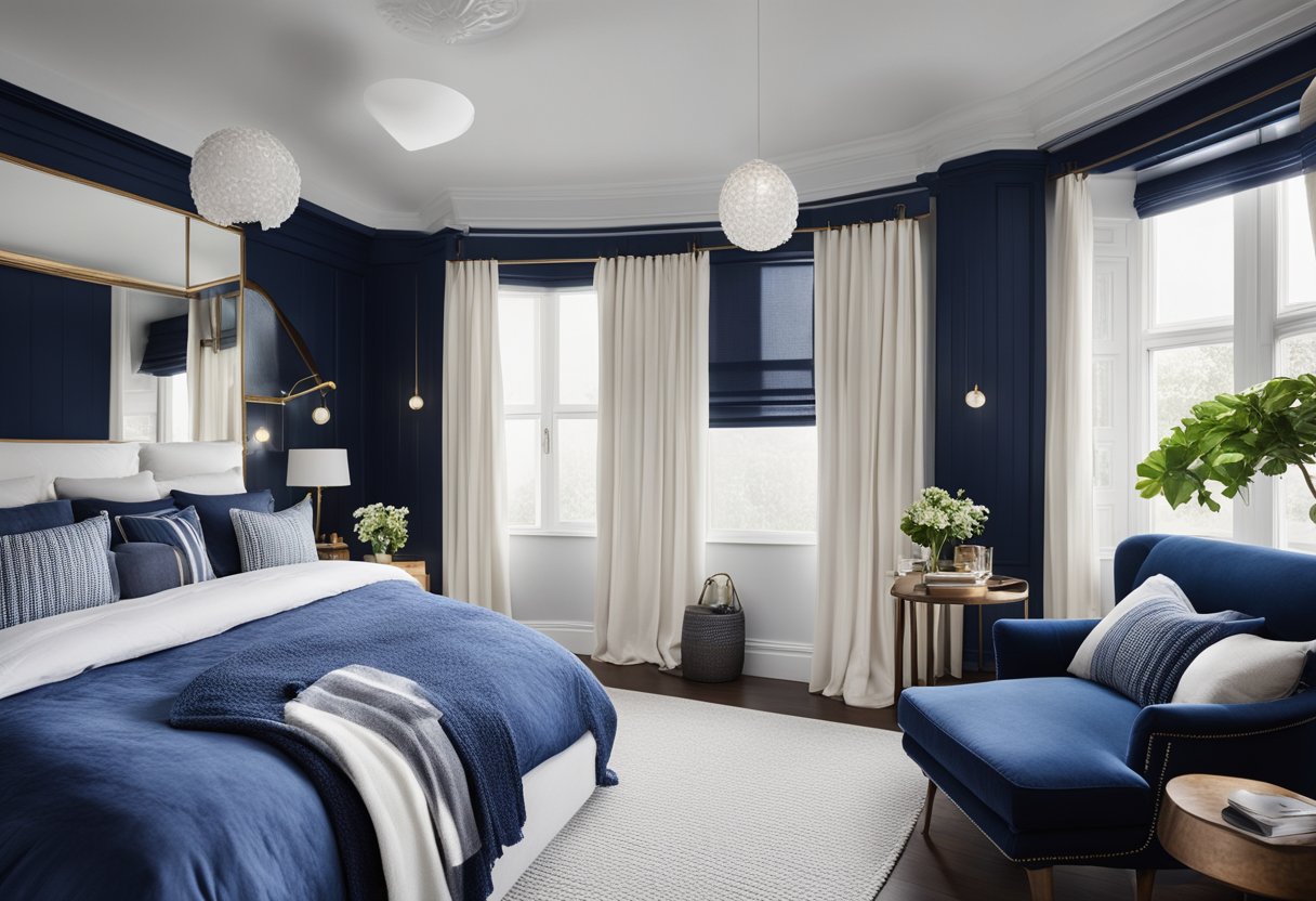 A navy blue and white bedroom with a large, plush bed, matching curtains, and a cozy reading nook by the window