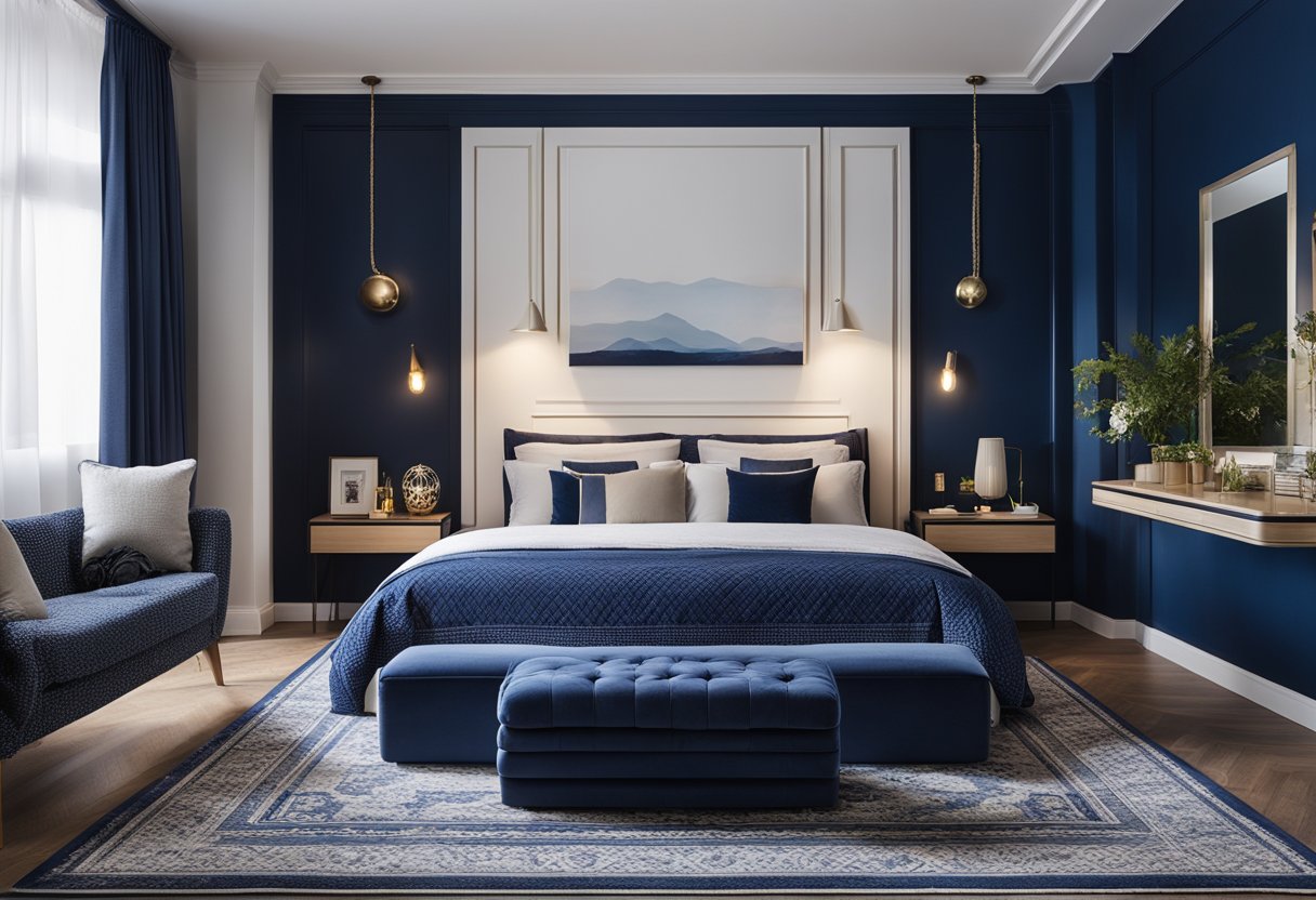 A navy blue and white bedroom with a cozy bed, elegant curtains, and a stylish rug