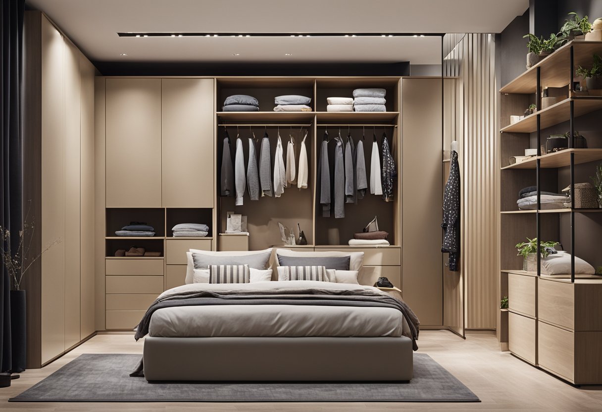A spacious L-shaped bedroom wardrobe with adjustable shelving and custom storage solutions
