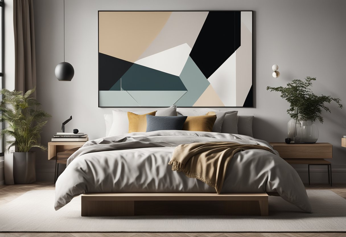 A modern, minimalist bedroom with neutral colors, sleek furniture, and geometric patterns. A large, abstract art piece hangs above the bed, adding a pop of color to the space