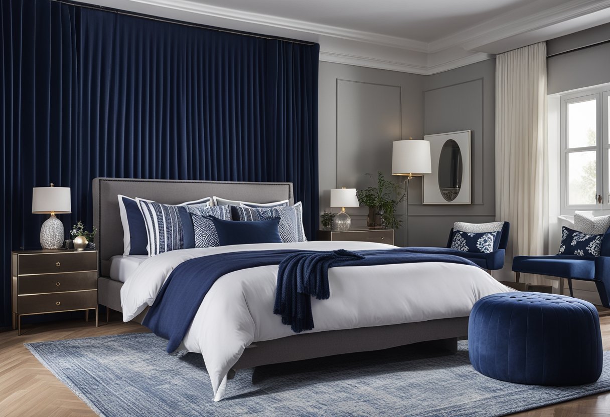A navy blue and white bedroom with a cozy bed, decorative pillows, a stylish rug, and elegant curtains
