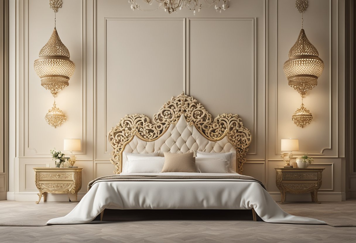 A large, ornate headboard dominates the wall. Soft, neutral colors with subtle patterns create a calming atmosphere
