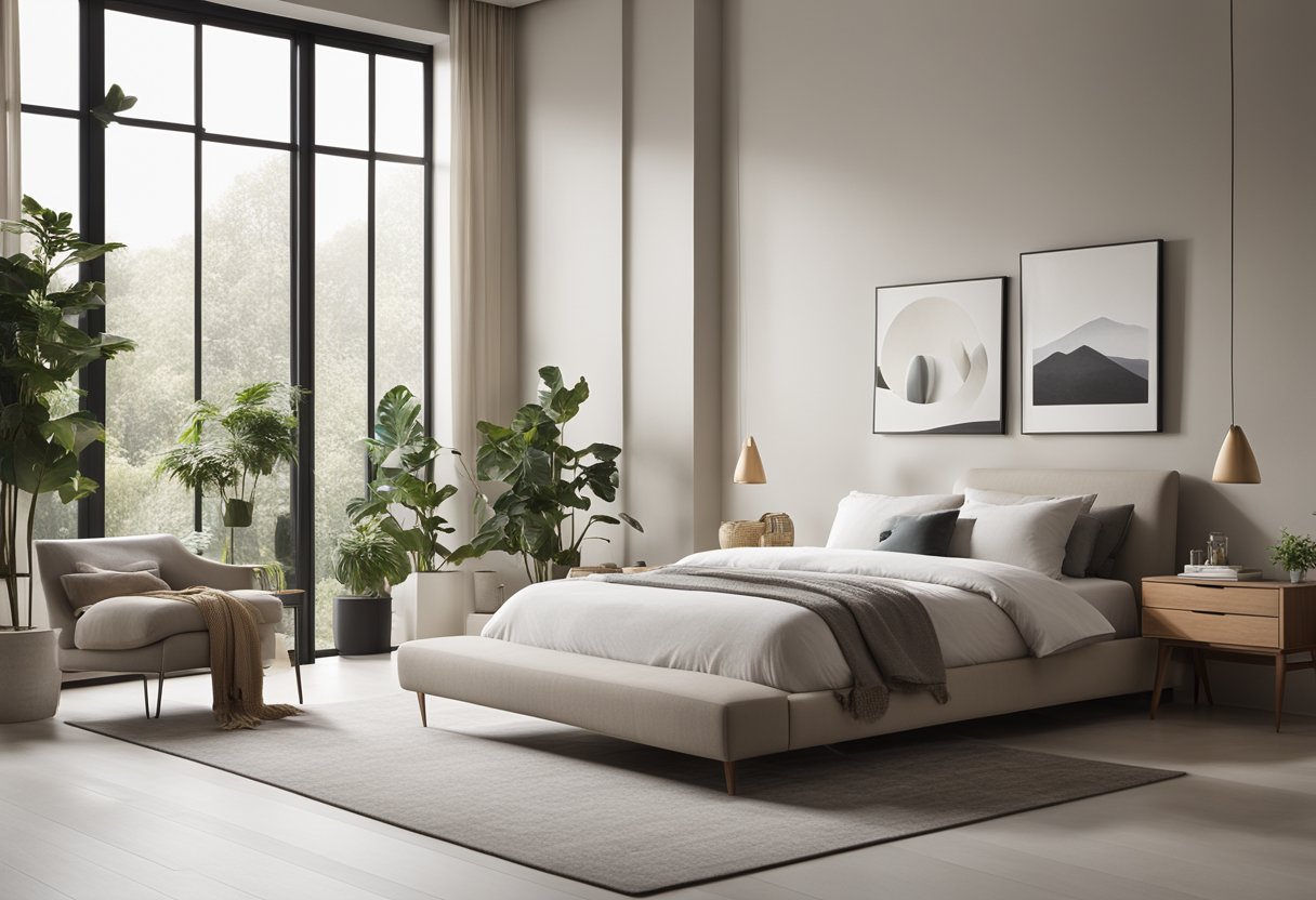 A spacious and modern bedroom with a sleek, minimalist design. Soft, neutral colors and clean lines create a calming and sophisticated atmosphere. Large windows allow natural light to fill the room, while potted plants and artwork add a touch of warmth and personality