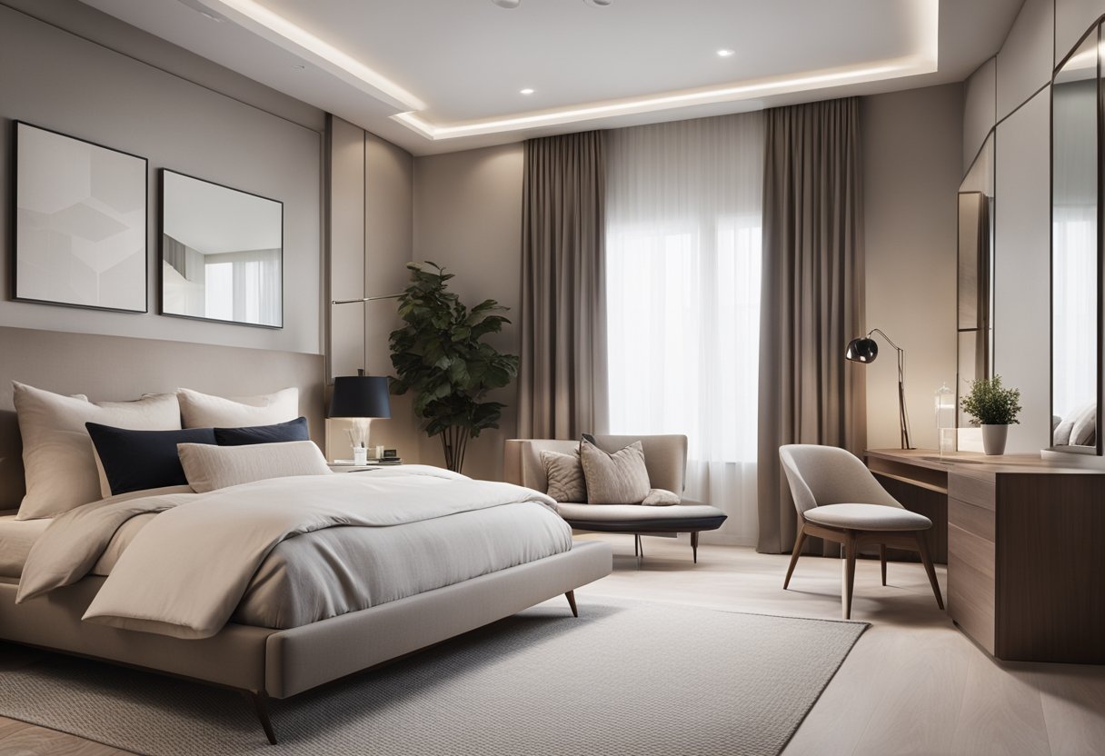 A modern, minimalist bedroom with sleek furniture, soft lighting, and a neutral color palette. Clean lines and geometric patterns add visual interest