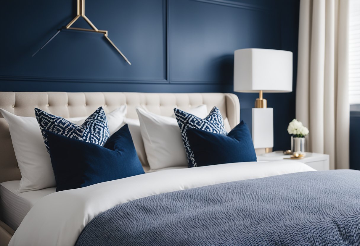 A navy blue and white bedroom with clean lines, a cozy bed, and modern decor