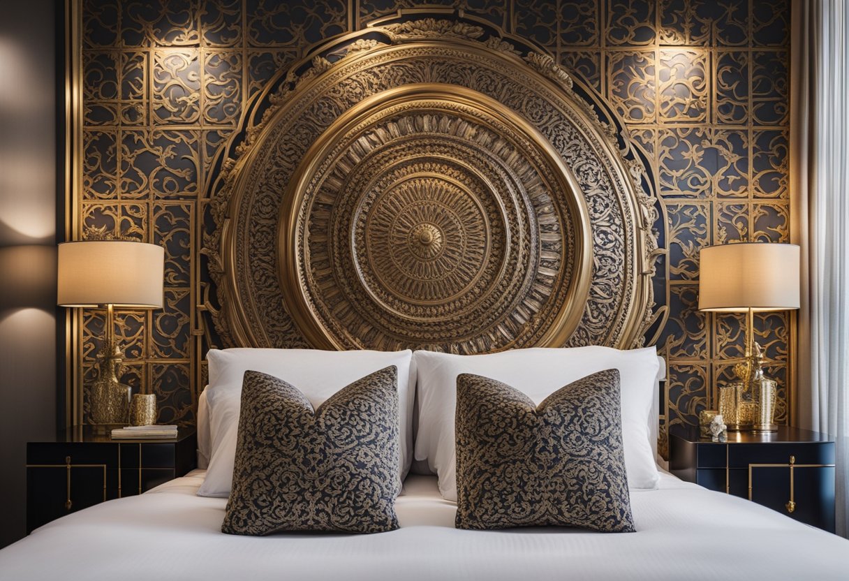 A large, ornate headboard with symmetrical nightstands on either side. A statement wallpaper or mural covers the entire back wall, creating a focal point