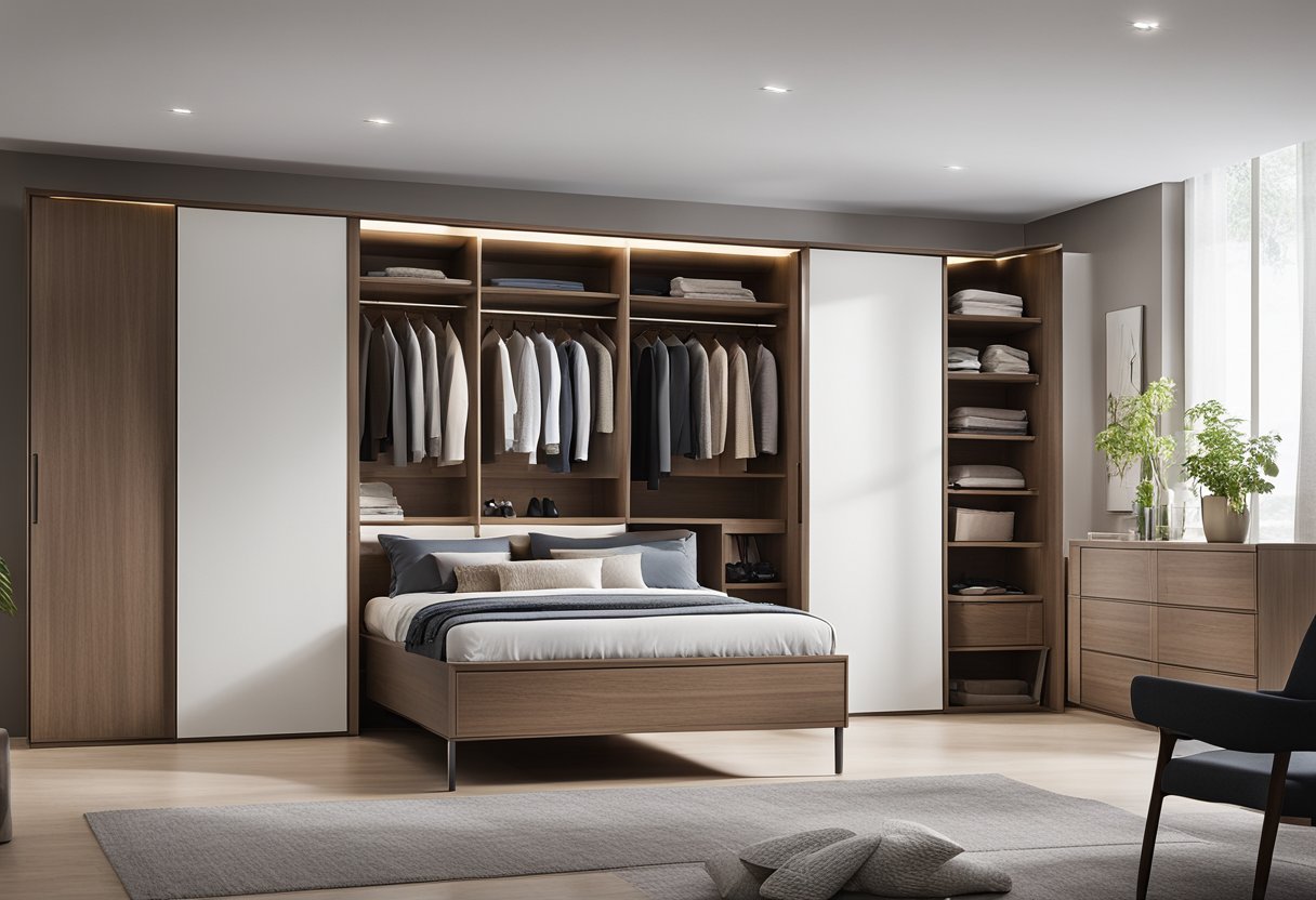 A spacious L-shaped bedroom wardrobe with sleek, modern design and ample storage compartments
