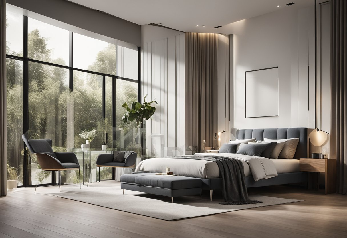 A spacious bedroom with a modern aesthetic, featuring a large bed with a sleek headboard, minimalist decor, and ample natural light streaming in through floor-to-ceiling windows