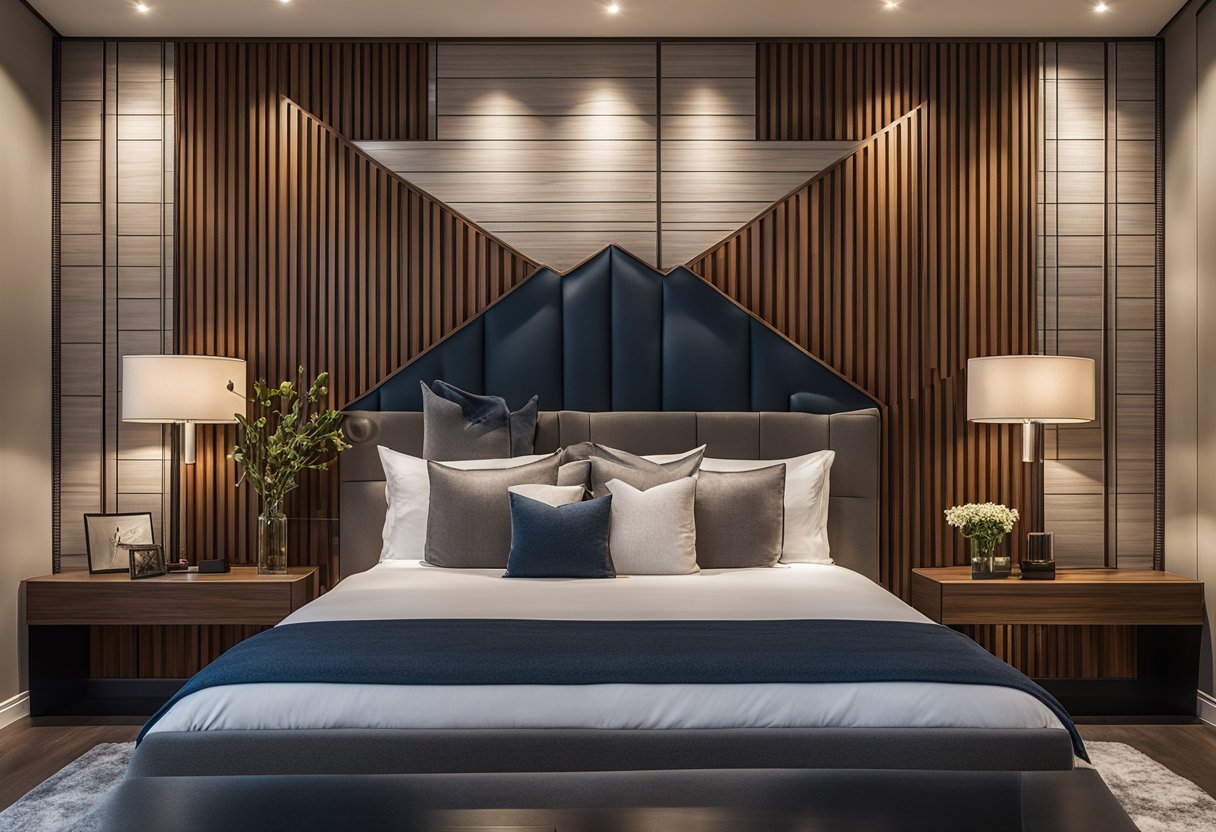 The master bedroom back wall features a geometric pattern of alternating light and dark wood panels, creating a modern and elegant focal point