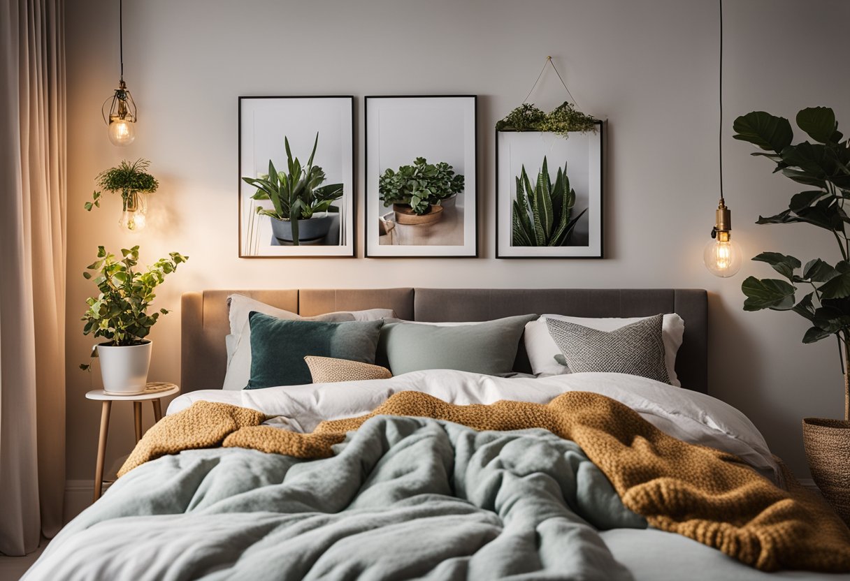 A cozy bedroom with a DIY headboard, string lights, and potted plants. A handmade bedside table and a gallery wall of framed artwork complete the look