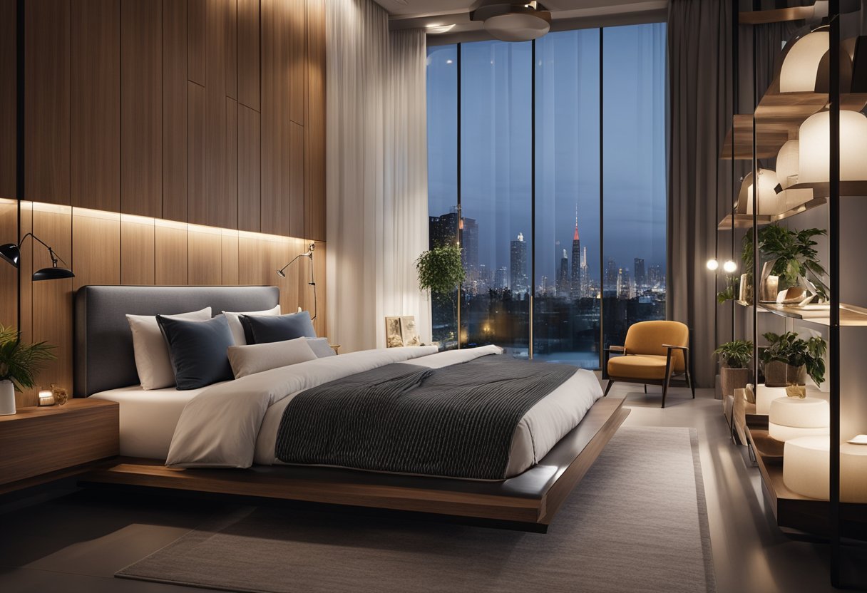 A modern and sleek bedroom partition separates the sleeping area from the rest of the room, featuring a combination of glass, wood, and metal materials, creating a stylish and functional design