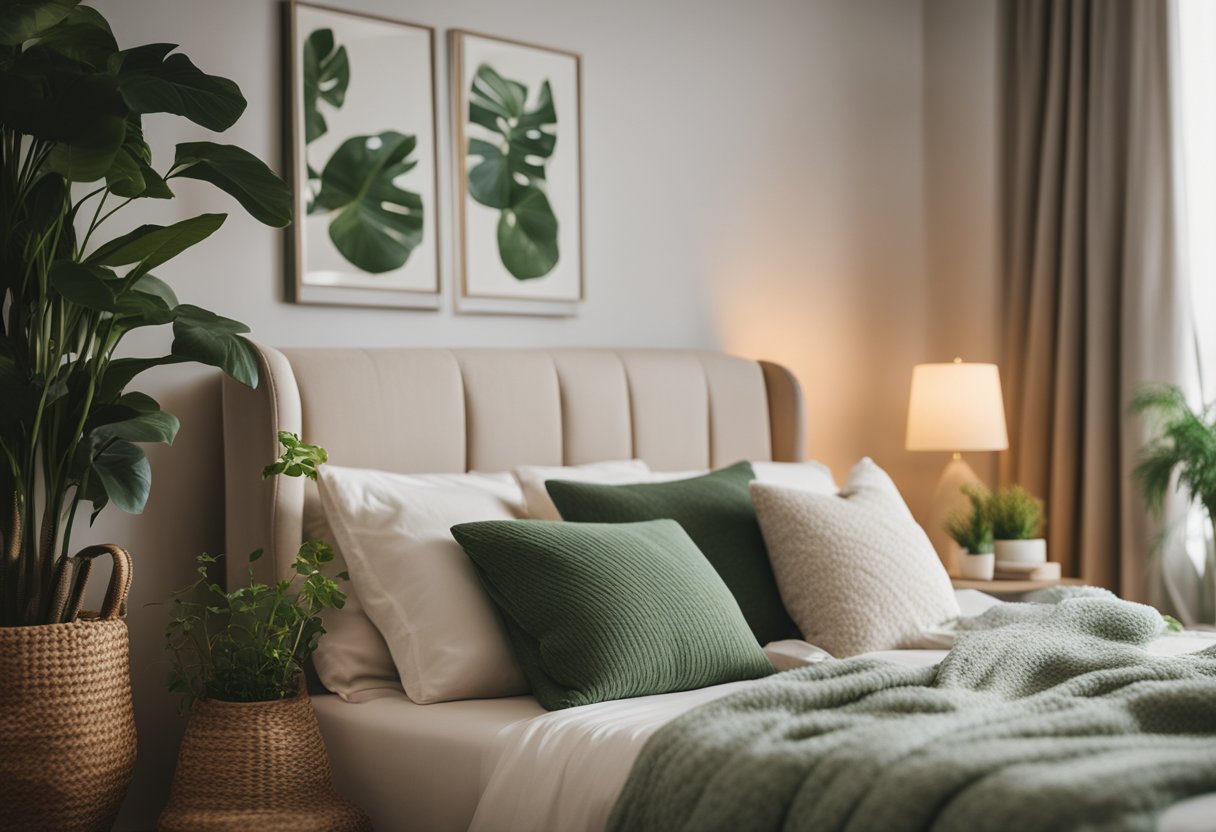 A cozy bedroom with soft, neutral tones, lush green plants, and warm lighting. A comfortable bed with layered pillows and a soft throw blanket. A small reading nook with a comfortable chair and a side table with a warm cup of tea