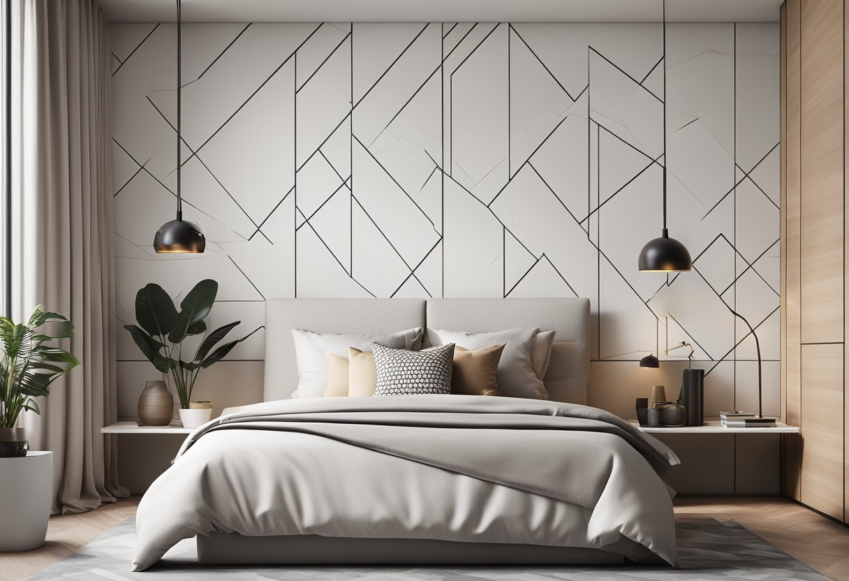 A modern, minimalist bedroom with a sleek, geometric wall design featuring clean lines and a neutral color palette