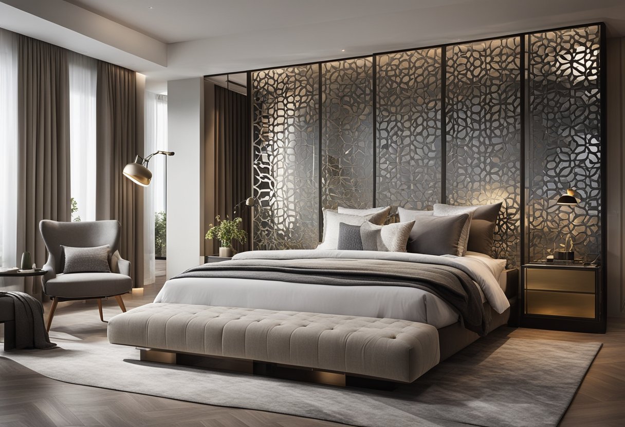 A spacious bedroom with a sleek and modern partition dividing the space, featuring a customised design with intricate patterns and a combination of opaque and transparent panels