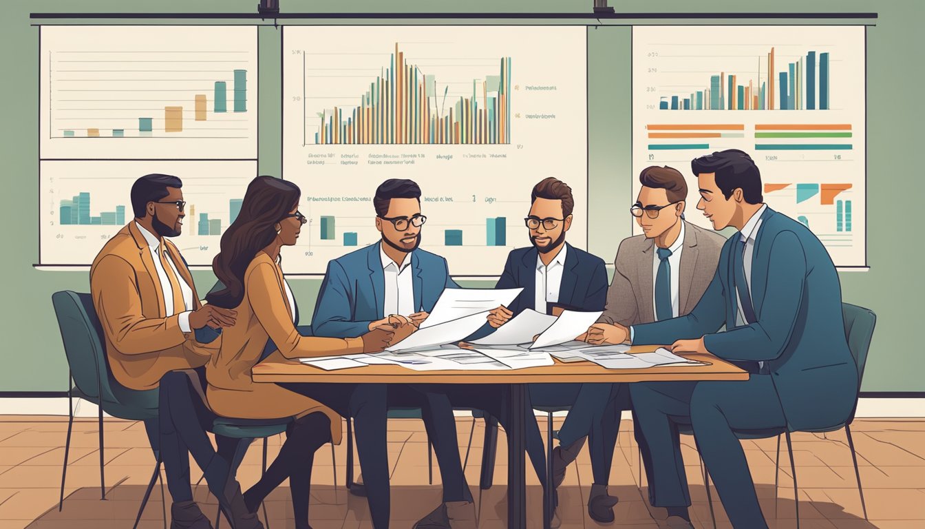 A group of investors gather around a table, reviewing documents and discussing terms for a business loan. A chart showing projected growth and revenue sits on the wall behind them