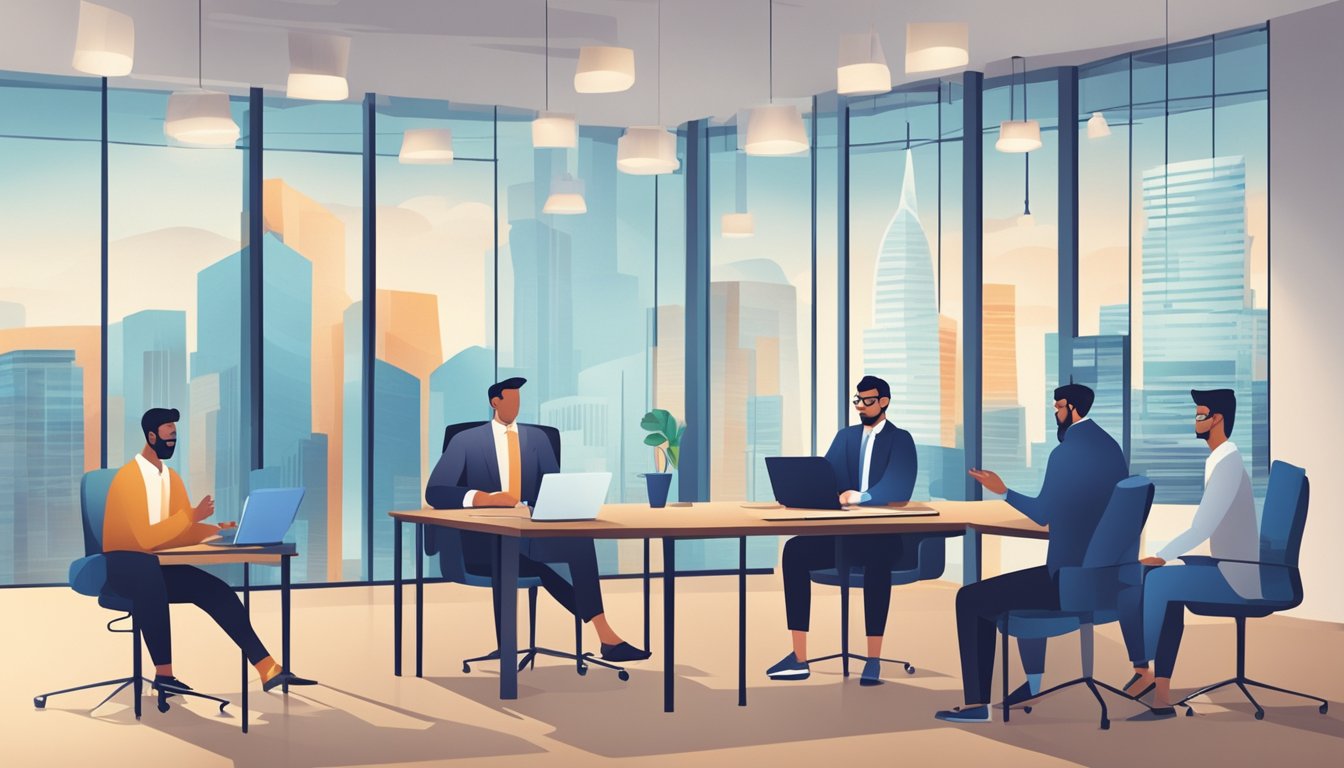 A group of entrepreneurs discussing business loan options with a banker in a modern office setting. Charts and graphs on the wall illustrate financial concepts