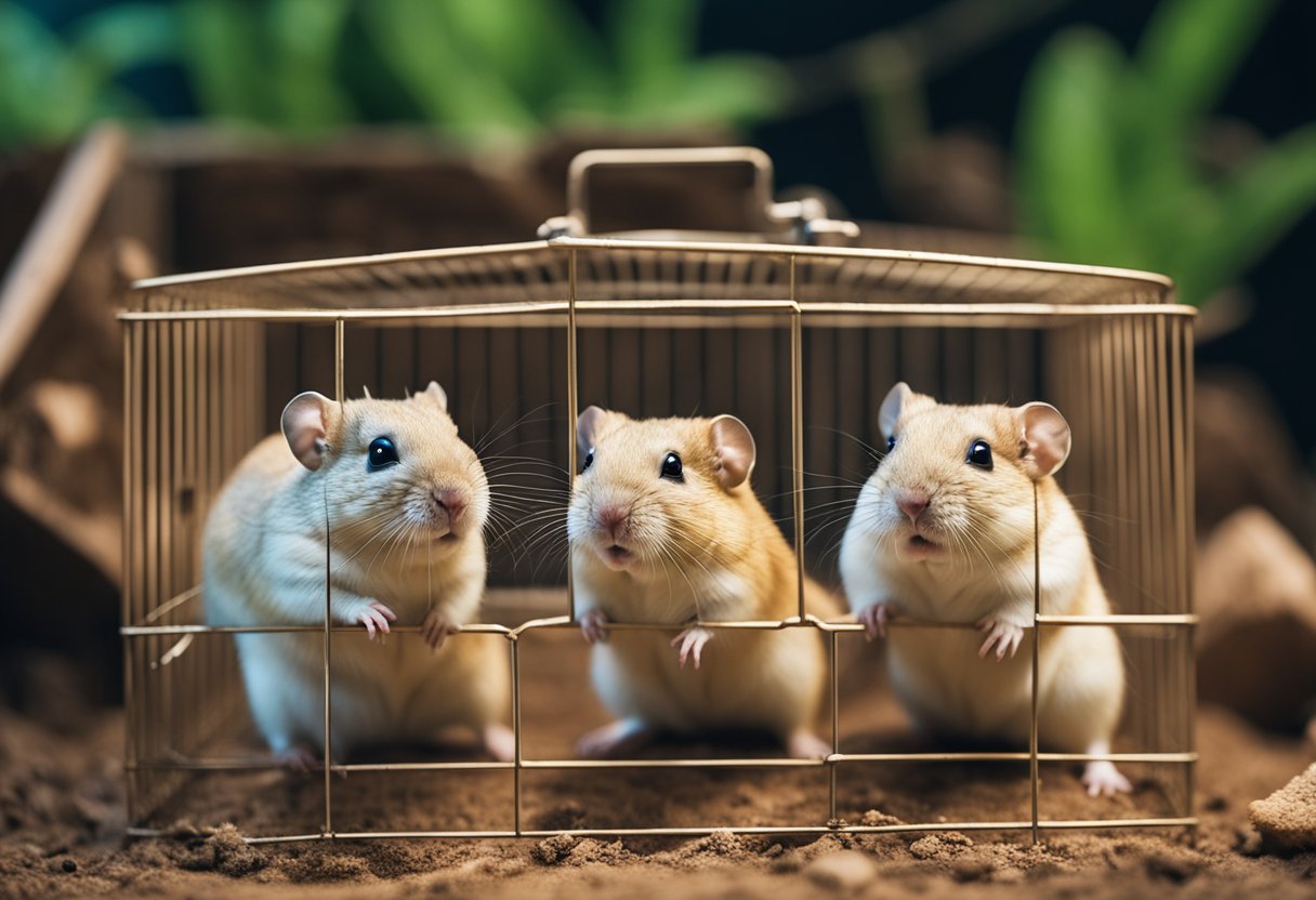 Three gerbils in a spacious cage with toys and tunnels
