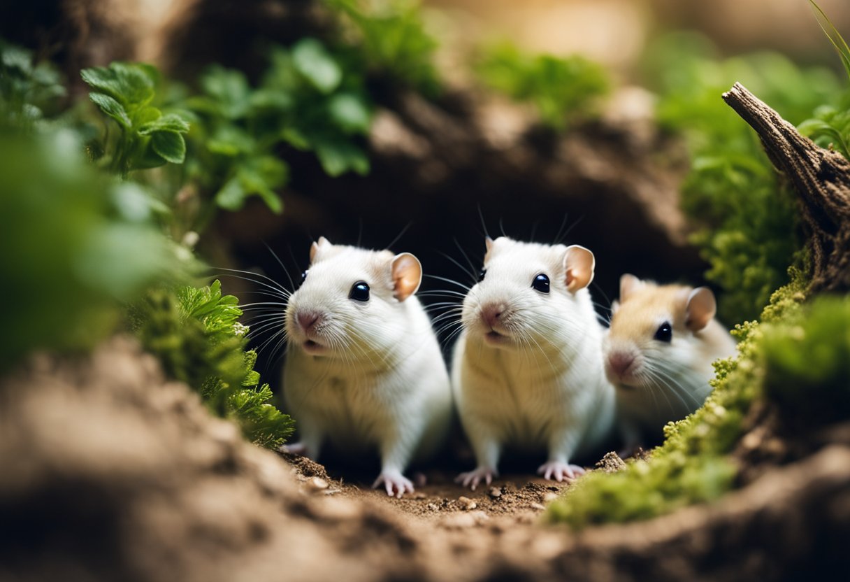 Three gerbils huddle together in a spacious, enriching habitat, with plenty of tunnels, hiding spots, and toys to accommodate their social needs