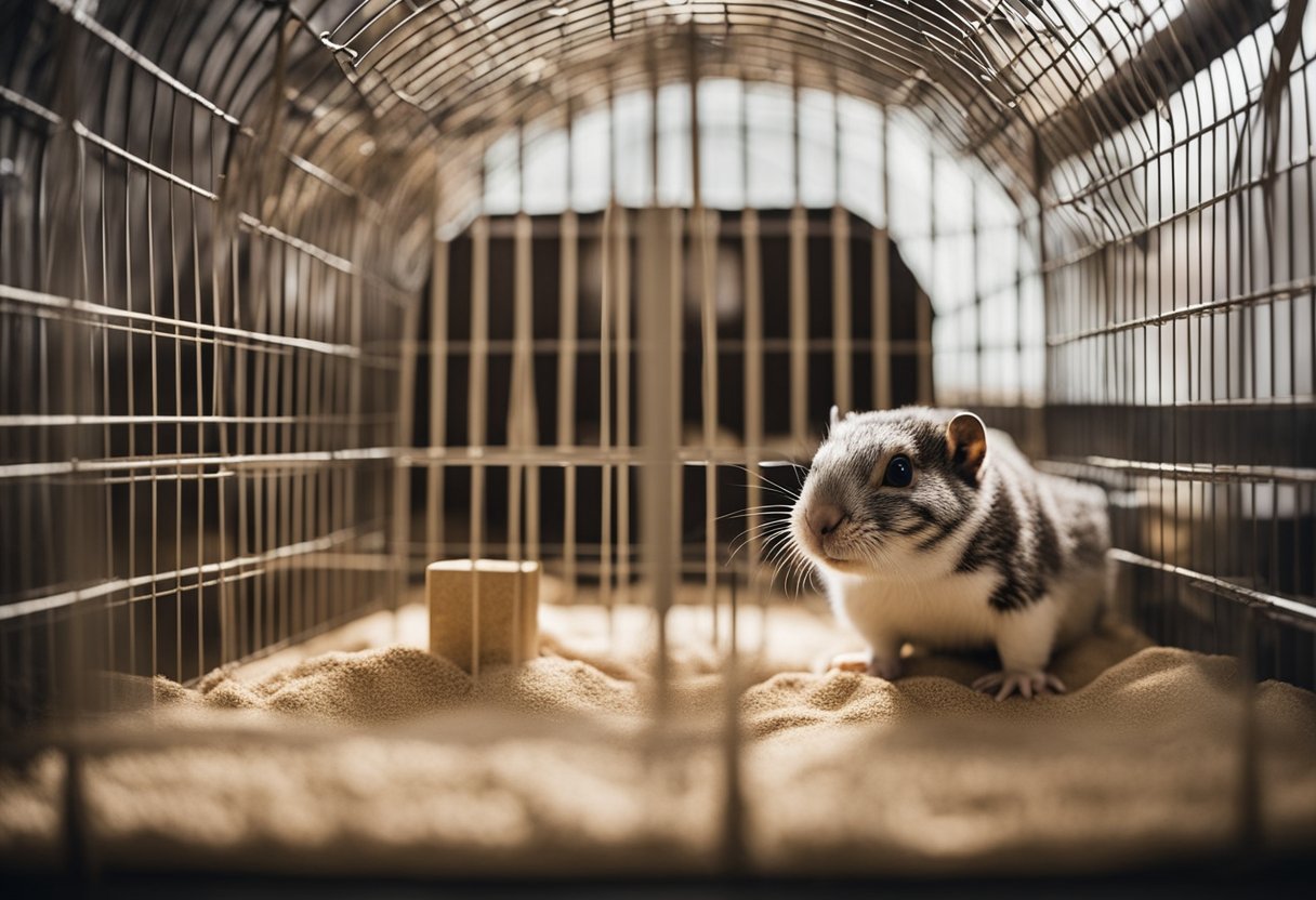A large, spacious cage with multiple levels, tunnels, and hiding spots. A variety of chew toys, exercise wheel, and a sand bath. Fresh bedding, food, and water dispensers