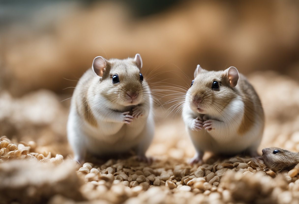 Three gerbils in a spacious, well-equipped habitat, with plenty of bedding, food, and water. They are active and playful, engaging in social interactions with each other