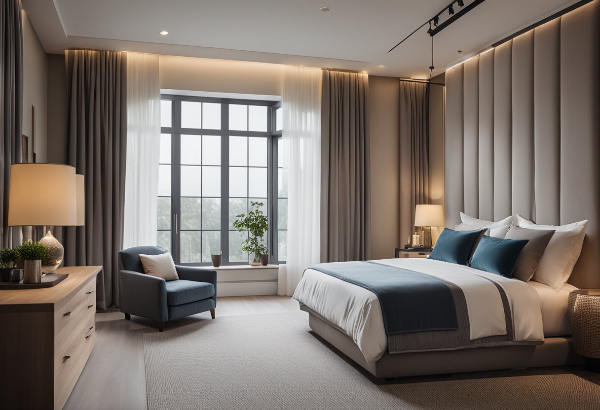 The top bedroom features a king-size bed with a plush headboard, a large window with flowing curtains, and a cozy reading nook with a comfortable armchair and a floor lamp