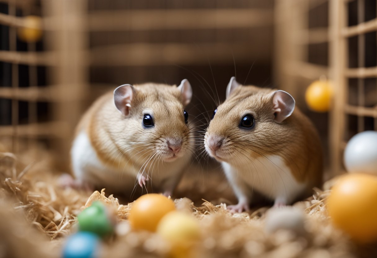 Three gerbils in a spacious cage, happily playing and interacting with each other. The cage is filled with toys and tunnels for them to explore