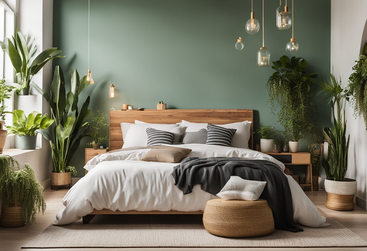 A cozy bedroom with a handmade headboard, repurposed furniture, and hanging plants. Bright colors and unique decor create a personalized space