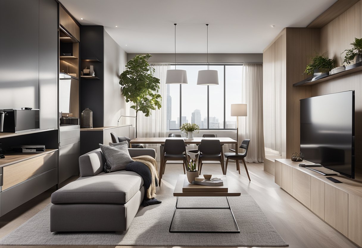 The one-bedroom condo features a multifunctional wall unit with built-in storage, a fold-out dining table, and a sleek, space-saving sofa bed. The open-concept layout maximizes natural light and creates a sense of spaciousness