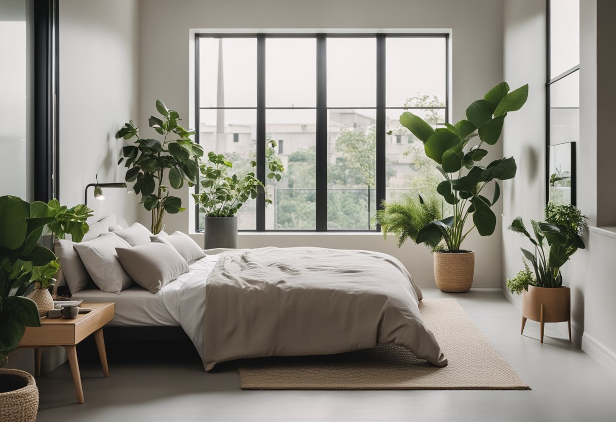 A modern bedroom with clean lines, neutral colors, and minimalist furniture. A large window lets in natural light, and potted plants add a touch of greenery