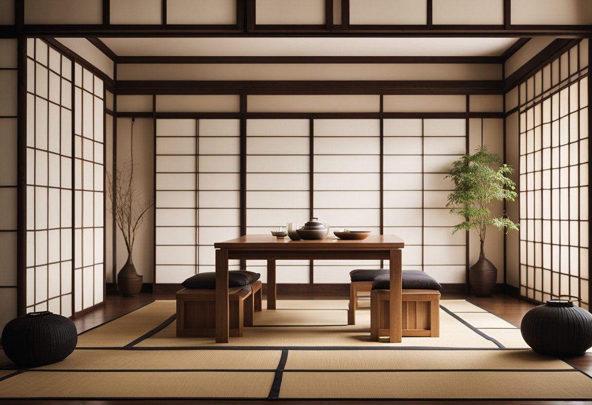 A minimalist Japanese interior with sliding shoji doors, tatami mats, and a low dining table with floor cushions. Bamboo and paper lanterns add natural light and warmth to the space