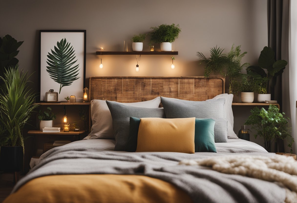A cozy bedroom with DIY interior design elements, such as a handmade headboard, upcycled furniture, and personalized wall art. Warm lighting and plants add a touch of nature to the space