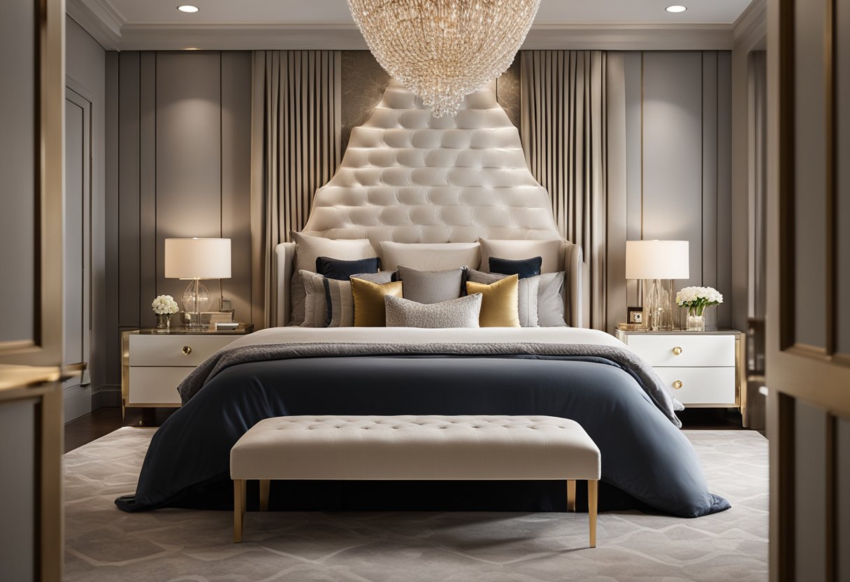 A sleek, modern bedroom with luxurious touches. A plush, king-size bed sits against a backdrop of elegant wallpaper and stylish decor. A cozy reading nook with a comfortable chair and soft lighting completes the sophisticated look